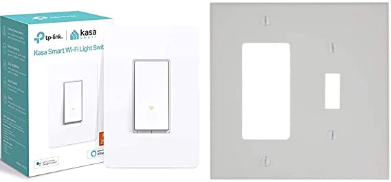 Kasa Smart Light Switch by TP-Link, Single Pole, Needs Neutral Wire, 2.4Ghz WiFi Light Switch, 1-Pack, White & Leviton PJ126-W 2-Gang 1-Toggle 1-Decora/GFCI Combination Wallplate, Midway Size, White