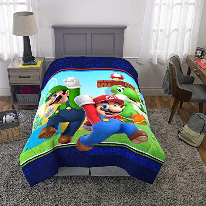 Nintendo Super Mario Kids Bedding Soft Microfiber Reversible Comforter Twin/64" x 86" Multicolored