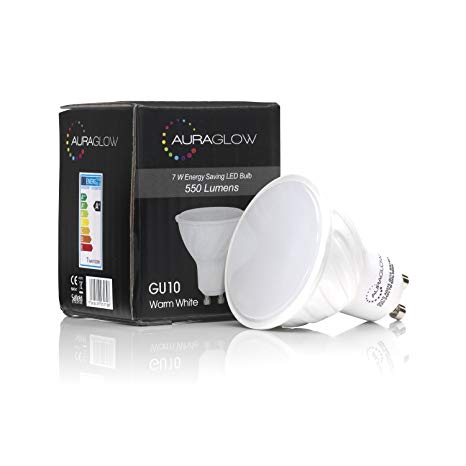 AURAGLOW Super Bright 7w LED GU10 Light Bulb, Warm White, 70w EQV - 550lm - 3000k - RETROFIT (1 Pack)