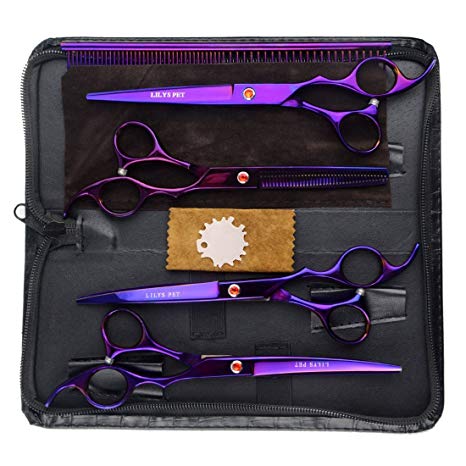 LILYS PET 7.0" Professional PET DOG CAT Coated Titanium Grooming scissors Set,Cutting&Curved&Thinning Scissors with Comb (Purple)