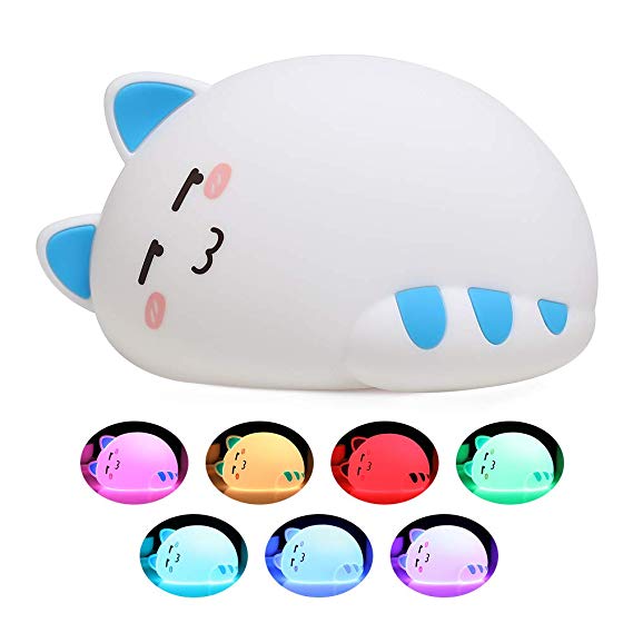 Night Light for Kids Baby Cute Cat Soft Silicone Animal Nursery Night Lamp Tap Control Color Changing Bedroom Breastfeeding dimmable Night Light Christmas Gifts for Newborn Toddler Children (Blue)