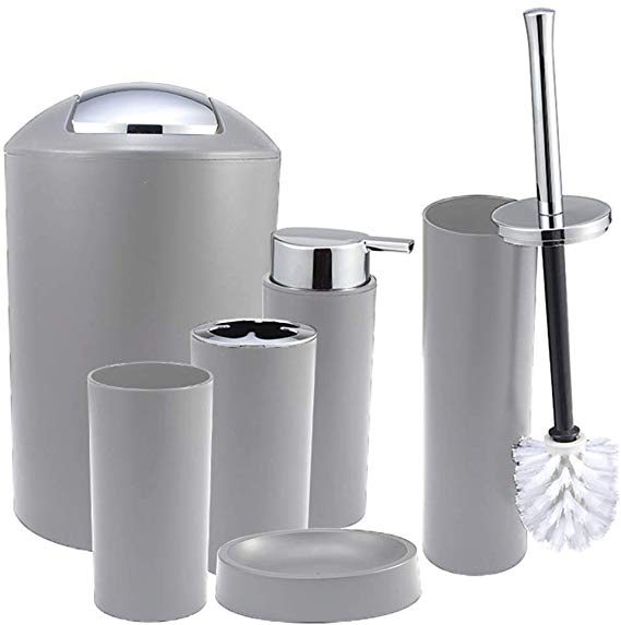 iMucci Grey 6pcs Bathroom Accessories Set - with Trash Can Toothbrush Holder Soap Dispenser Soap and Lotion Set Tumbler Cup