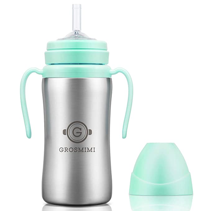 Grosmimi Vacuum Insulated Sippy Cup with Straw with Handle for Baby and Toddlers, Stainless 10 oz (Aqua Green)