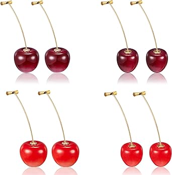 4 Paires Boucles d'Oreilles de Cerises Boucles d'Oreilles à Cerise Douce Boucles d'Oreilles Pendante de 3D Cerise avec 10 Pièces Lignes d'Oreille pour Femmes et Filles