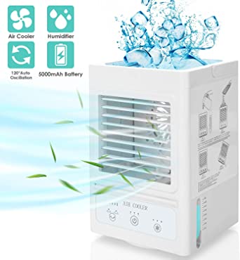 Portable Air Conditioner Personal Rechargeable Battery 5000mAh Operated 60°/120°Auto Oscillation Air Cooler with 3 Wind Speeds, 3 Cooling Levels, Perfect for Office Desk, Dorm, Bedroom and Outdoors