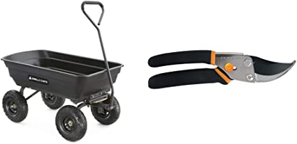 Gorilla Carts GOR4PS Poly Garden Dump Cart with Steel Frame and 10-in. Pneumatic Tires, 600-Pound Capacity, Black & Fiskars 91095935J Steel Pruning Shears Traditional Bypass Pruner, 1