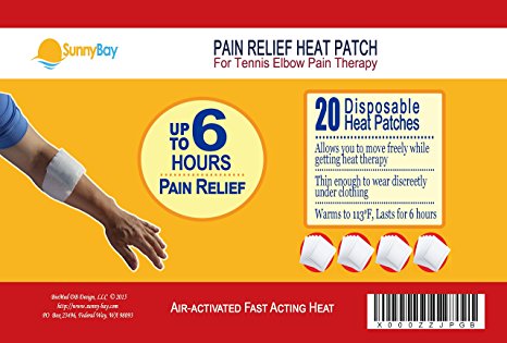 Sunny Bay Air-Activated Adhesive Tennis Elbow Heat Pads, pack of 20, 6 Hours of Heat, Size 2.5" x 3", Warm to 113 ºF, Light Weight, Lasting Heat (tennis elbow heat patch)