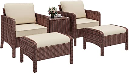 GARTIO 5 Pcs Patio Wicker Furniture Set, Outdoor Lounge Chair, Sectional Rattan Seating, Chat Conversation Set W/Ottoman, Coffee Table, for Porch, Pool Balcony, Lawn, Garden, Backyard