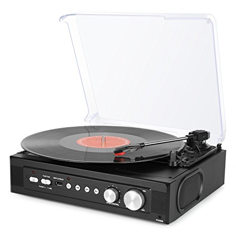 1byone Belt-Drive 3-Speed Mini Stereo Turntable with Built in Speakers, Supports Vinyl to MP3 Recording, USB MP3 Playback, Stereo Headphone Jack, Pitch Control and RCA Output, Black