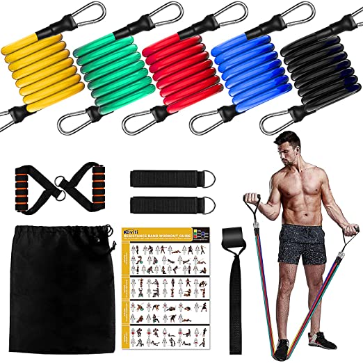 Resistance Bands Set 13 pcs | Home Gym Equipment Men Women | Outdoor Home Workout Bands | 5 Tubes | Hand Grips |Door Anchor | Ankle Straps | Carrying Pouch| Workout Guides | Fitness, Strength, Yoga