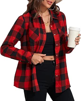 Deer Lady Plaid Flannel Shirts for Women Buffalo Plaid Shirts Oversized Long Sleeve Casual Button Down Blouse Top