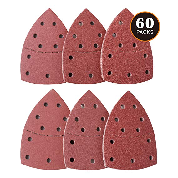 60PCS Triangular Sandpaper, Sand Sheet, 10Pcs Each Assorted 40/60/80/120/180/240 Grits for Bosch Mouse Detail Sander PSM 100A,PSM 200 AES,PSM 18, TACKLIFE ASD02C