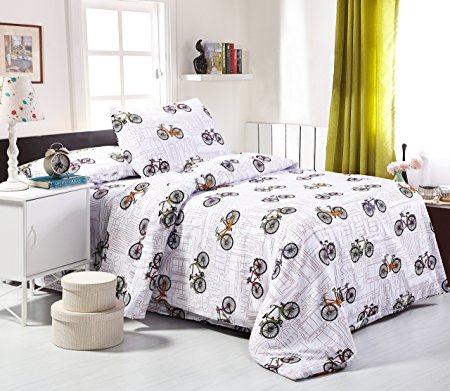 One Twin Duvet Cover and One Pillowcase, Bedding Sets for Kids, Ultra Plush & Comfortable, Modern Bicycle Pattern, 100% Cotton Twin Size