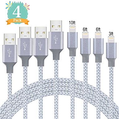 iPhone Charger, LJP iPhone Charger Cable Cord Lightning to USB Nylon Braided with Aluminum Connector 4Pack 3FT 6FT 6FT 10FT for iPhone X/8/8 Plus/7/7 Plus/6s/6s Plus/6/6 Plus,iPad,iPod -Gray White