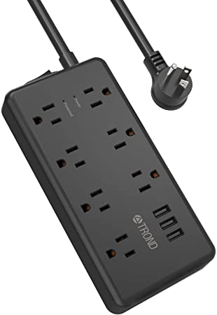 TROND Surge Protector Power Bar With 3 USB Ports, 7 Widely-Spaced AC Outlets, Flat Plug Power Strip, 1700 Joules Surge Protection, 4ft Extension Cord, Compact TV Desk Computer, Suitable For Home, Office, Dormitory, Black