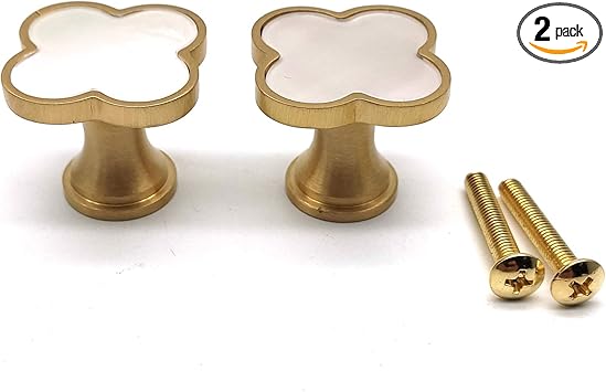 Kitchen Cabinet Knobs,2-Pack, Brass Resin Knobs Four Leaf Clover Shape Single Hole Drawer Knobs 1.1" Width Shell White