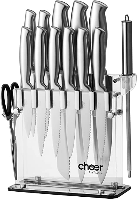 Cheer Collection Stainless Steel Chef Knife Set with Acrylic Stand (14-Piece) Professional Kitchen Utensils - Sharp Serrated and Standard Blades for Mincing, Chopping, Slicing