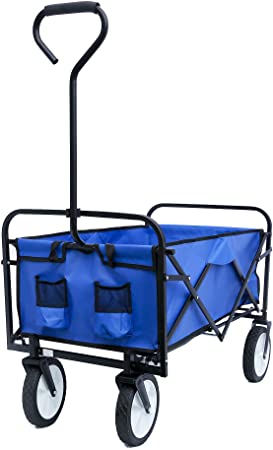 Collapsible Outdoor Utility Wagons with Adjustable Handles, Folding Wagon Garden Shopping Beach Cart with Add Bundle Rope Reflection belt, used in Outdoor Activities, Beaches, Parks, Camping (Blue)