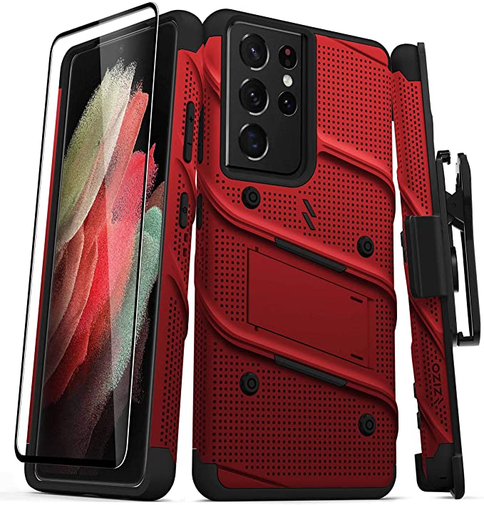 ZIZO Bolt Series for Galaxy S21 Ultra Case with Screen Protector Kickstand Holster Lanyard - Red & Black