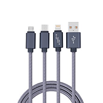 3-in-1 3ft Nylon Braided Micro USB cable,type-c, with lighting connector for iPhone 4/5/6/7/6s/7s Plus, iPad Pro/Air/Mini/iPod, for Samsung,Nexus,Huawei,Sony,Motorola,Android Smartphones (Grey)