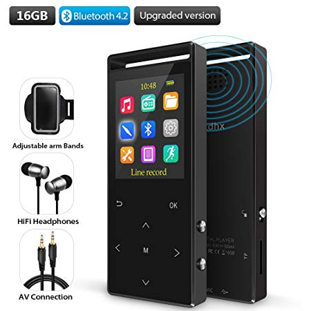 Grtdhx MP3 Player with Bluetooth, 16GB Portable Digital Music Player with FM Radio, HiFi Lossless Sound Quality, Music Direct Recording, Expandable up to 128GB TF Card, with Armband, Black