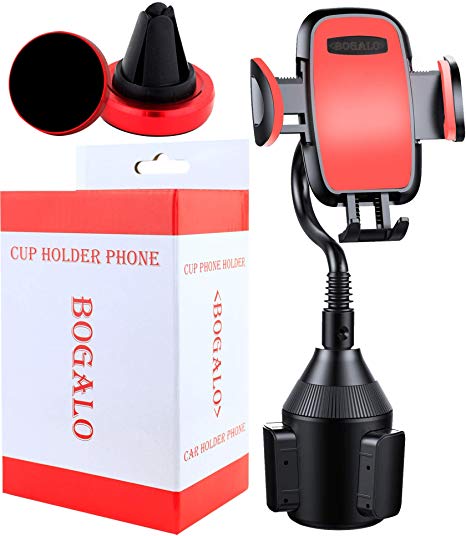 Cup Phone Holder - Smart phone Car Mount And Air Vent Holder In Red - iPhone , Android Phone Compatible - Adjustable Base 360 - Degree Rotation - Mobile Neck Stand Strap Easy Installment BOGALO