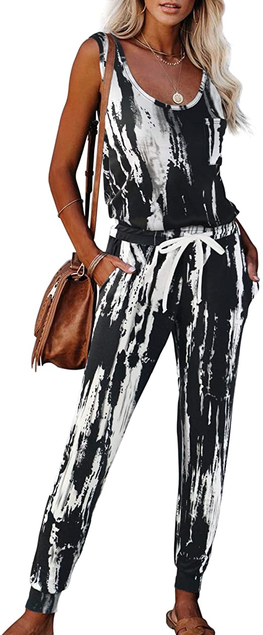 Saslax Womens Tie Dye Jumpsuits Casual Round Neck Elastic Drawstring Waist Beam Foot Stretchy Long Pants Romper with Pockets