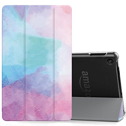 MoKo Case for All-New Amazon Fire 7 Tablet (7th Generation, 2017 Release Only) - Ultra Lightweight Slim Shell Stand Cover with Translucent Frosted Back for Fire 7, Water Color (with Auto Wake/Sleep)