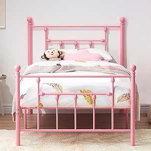 VECELO Twin Size Metal Platform Bed Frame with Headboard and Footboard, Sturdy Steel Slat Support/No Box Spring Needed Mattress Foundation/Easy Assemble，Victorian Style,Pink