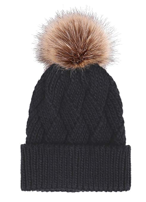 ARCTIC Paw Diamond Weave Knit Beanie with Faux Fur Pompom