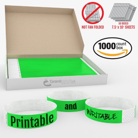 Grandstand Ink - 3/4in NEON GREEN Tyvek® Wristbands - Print & Writable Sheets in Distribution Box Paper Feel Party Event Bracelets For Churches or Schools 1000 ID Bands 100 Customizable Sheets Per Box