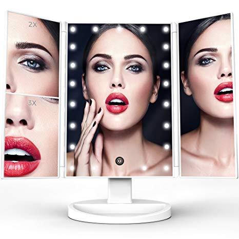 TriFold Illuminated Vanity Makeup Mirror, with 21 LED, Touch Screen, 180° Adjustable Stand, 1x/2x/3x Magnification, Batteries and Usb Charging