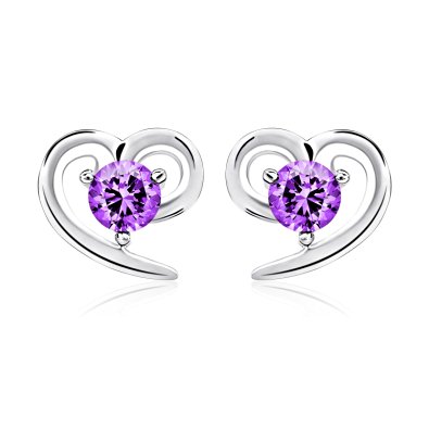 B.Catcher Rhodium-plated 925 Sterling Silver Cubic Zirconia Simple Heart Elegant Purple Set Stud Earrings