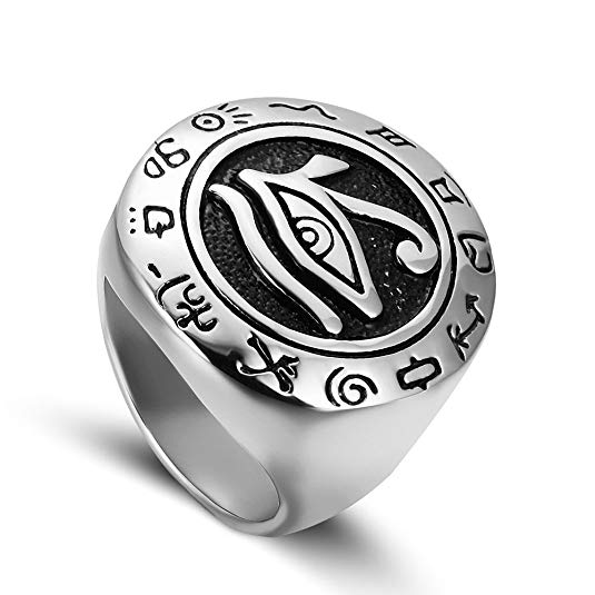 INRENG Men's Stainless Steel Egypt Eye of Horus Ring Round Top Signet Protection Symbol Jewelry