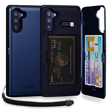 TORU CX PRO Note 10 Wallet Case Blue with Hidden Credit Card Holder ID Slot Hard Cover, Strap, Mirror & USB Adapter for Samsung Galaxy Note 10 (2019) - Navy Blue
