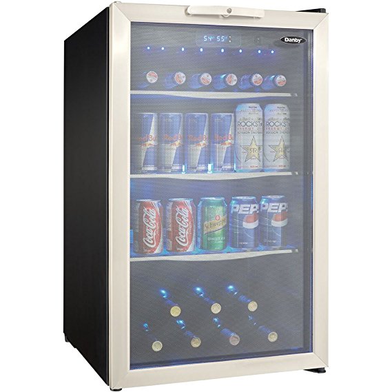 DBC039A1BDB 20"" Freestanding Beverage Center with 4.3 cu. ft. Capacity 124 Can Capacity 3 Glass Shelves and Blue-LED Lighting in Stainless Steel