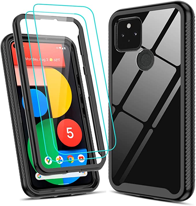 Pixel 5 Case, Google Pixel 5 Case with Tempered Glass Screen Protector [2Pack], LeYi Full Body Protective Hybrid Rugged Shockproof Bumper Clear Phone Cover Cases for Google Pixel 5, Black CS