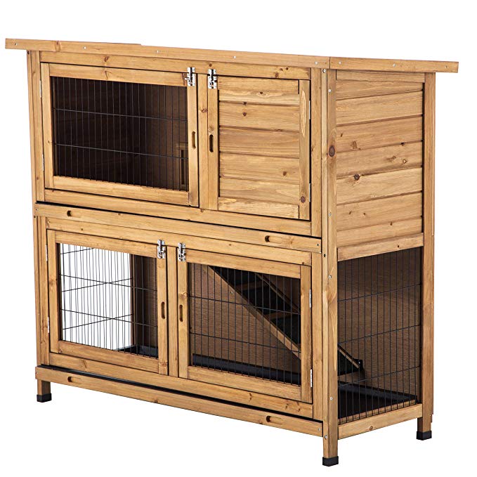 Lovupet Wooden Chicken Coop Rabbit Hutch Bunny Cage Wooden Small Animal Habitat w/Tray 4 Doors