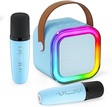 Mini Karaoke Machine for Kids,Portable Bluetooth Speaker with 2 Wireless Microphones for Kids Adults,Fun Birthday Gifts for 4,5 6 7 8 9 10 11 Years Teens Colorful Lights Girls Boys (Blue)