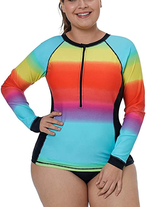 Bsubseach Women Long Sleeve Rash Guard Surfing Swim Shirt Colorblock Printed Swimsuit Top(No Bottom)