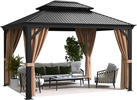 Flamaker Hardtop Gazebo Aluminum Frame Outdoor Gazebo with Privacy Curtains and Gauze Mesh Sunshade Pavilion Double Roof Canopy for Patio, Lawn, Deck, Poolside (Aluminum Roof, 10' x 12')