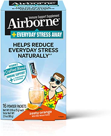 Vitamin C Blend   L-Theanine & B Vitamins Everyday Stress Away - Airborne Zesty Orange Powder Packet,  (16 count in box), Immune Support Supplement That Helps Reduce Everyday Stress Naturally