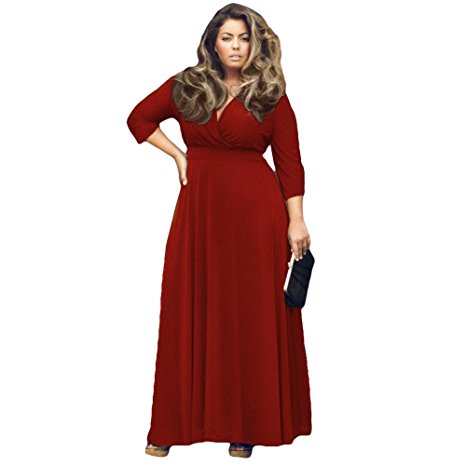 Arolina Women's Deep V-Neck 3/4 Sleeve Plus Size Evening Party Maxi Dress