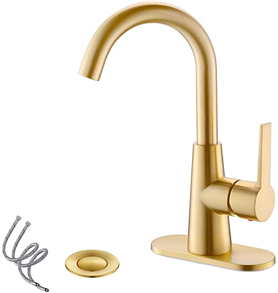 Brushed Gold Single-Handle 4 Inch Centrest Bathroom Sink Faucet with Deck Plate and Supply Hoses, Bar Sink Faucet/Pre-Kitchen Sink Faucet with 360° Rotation Spout by Phiestina, WE10-BG