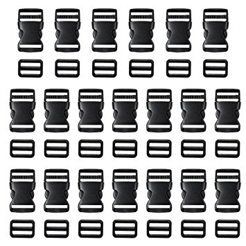 Coopay 20 Pack 1 Inch Flat Side Quick Release Plastic Buckles and 20 Pack 1 Inch Tri-glide Slides Adjustment Clips