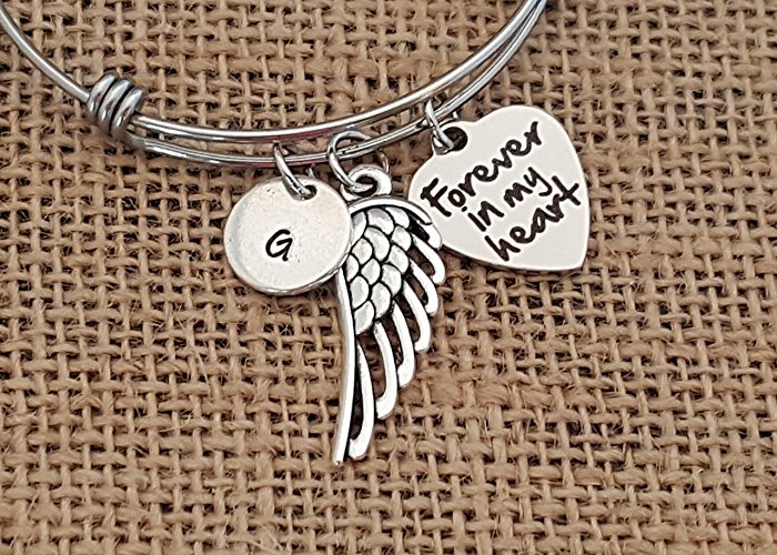 Memorial Bracelet - Memorial Jewelry - Forever In My Heart - Hand Stamped Initial with Angel Wing - Personalized Sympathy Gift