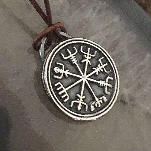 Vegvisir Pendant Necklace in Sterling Silver on Leather Brown Cord - Viking Pagan Jewelry - Symbols