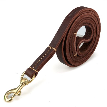 Dog Leather Leash 6ft long, 3/4 Inch Wide, Genuine Training Leather Leash （Brown） with Free Poop Scoop in Gift Package