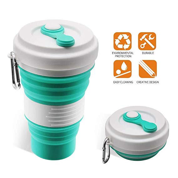 iGreely Collapsible Coffee Cup Silicone Folding Cup/Mug Sport Bottle with Lids - Foldable & Portable & Lightweight Travel Cup for Outdoor Camping Hiking - BPA Free