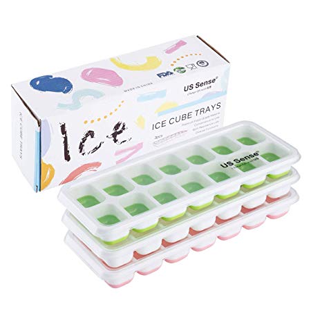 US Sense Ice Cube Trays 3 Packs Flexible Silicone Ice Trays with 14 Blocks Trays and Spill-Resistant Removable Lids Easy Release Ice Trays,BPA Free,Stackable, Dishwasher Safe 42 Shaped Cubes